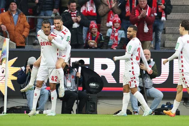GER, 2 FBL, 1 FC Koeln vs 1 FC Nuernberg 15 12 2024, Rheinenergie Stadion, Koeln, GER, 2 FBL, 1 FC Koeln vs 1 FC Nuernberg, in the picture 1 0 for Koeln by Damion Downs FC Koeln 42 , goal celebration jubilation, with Dejan Ljubicic FC Koeln 7 , Linton Maina FC Koeln 37 , nordphotoxGmbHx xMeuter nph00351