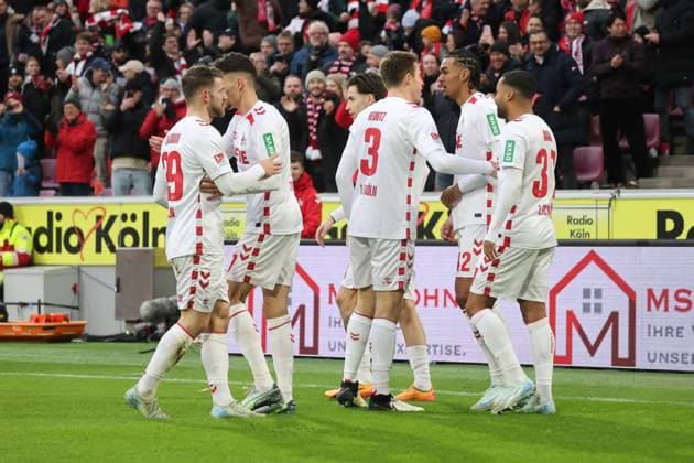 Cologne cheers after the 1 0 by Damion Downs Koeln 42 , GER, 1 FC Koeln vs 1 FC Nuernberg , 2 Soccer Bundesliga, Matchday 16, Season 2024 2025, 15 12 2024, DFL REGULATES PROHIBIT ANY USE OF PHOTOGRAPHS AS IMAGE SEQUENCES AND OR QUASI VIDEO, GER, 1 FC Koeln vs 1 FC Nuernberg , 2 Soccer Bundesliga, Matchday 16, Season 2024 2025, 15 12 2024 Koeln Copyright: xEibner-Pressefoto JoergxNiebergax EP_JNL