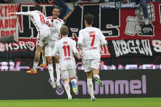 GER, 2 FBL, 1 FC Koeln vs 1 FC Nuernberg 15 12 2024, Rheinenergie Stadion, Koeln, GER, 2 FBL, 1 FC Koeln vs 1 FC Nuernberg, in the picture 3 0 for Koeln by Denis Huseinbasic FC Koeln 8 , goal celebration jubilation, with Damion Downs FC Koeln 42 , nordphotoxGmbHx xMeuter nph00351