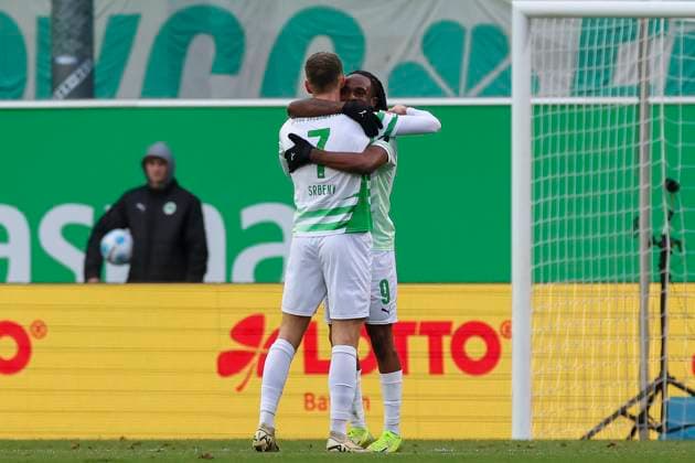 Noel Futkeu SpVgg Greuther Fuerth celebrates his goal for 1 0 with Dennis Srbeny SpVgg Greuther Fuerth , 2 Bundesliga, SpVgg Greuther Fürth vs Hannover 96, Sportpark Ronhof Thomas Sommer, December 15, 2024 in Fürth, Germany Photo by Marco Steinbrenner DeFodi Images Noel Futkeu SpVgg Greuther Fuerth celebrates after scoring his teams first goal with Dennis Srbeny SpVgg Greuther Fuerth , 2 Bundesliga, SpVgg Greuther Fuerth vs Hannover 96, Sportpark Ronhof Thomas Sommer, December 15, 2024 in Fuerth, Germany Photo by Marco Steinbrenner DeFodi Images DFB DFL REGULATIONS PROHIBIT ANY USE OF PHOTOGRAPHS AS IMAGE SEQUENCES AND OR QUASI VIDEO Defodi 700 fuerth hannover 20241215 062 Defodi-700 DFB DFL REGULATIONS PROHIBIT ANY USE OF PHOTOGRAPHS AS IMAGE SEQUENCES AND OR QUASI-VIDEO.