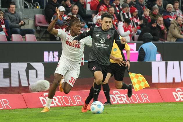 Jens Castrop Nuernberg 17 and Elias Bakatukanda Koeln 38 , GER, 1 FC Koeln vs 1 FC Nuernberg , 2 Fussball Bundesliga, Matchday 16, Season 2024 2025, 15 12 2024, DFL REGULATIONS PROHIBIT ANY USE OF PHOTOGRAPHS AS IMAGE SEQUENCES AND OR QUASI VIDEO, GER, 1 FC Koeln vs 1 FC Nuernberg , 2 Fussball Bundesliga, Matchday 16, Season 2024 2025, 15 12 2024 Koeln Copyright: xEibner-Pressefoto JoergxNiebergax EP_JNL