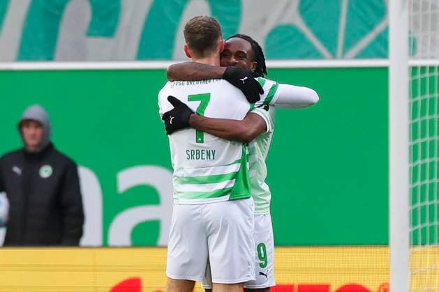 Noel Futkeu SpVgg Greuther Fuerth celebrates his goal for 1 0 with Dennis Srbeny SpVgg Greuther Fuerth , 2 Bundesliga, SpVgg Greuther Fürth vs Hannover 96, Sportpark Ronhof Thomas Sommer, December 15, 2024 in Fürth, Germany Photo by Marco Steinbrenner DeFodi Images Noel Futkeu SpVgg Greuther Fuerth celebrates after scoring his teams first goal with Dennis Srbeny SpVgg Greuther Fuerth , 2 Bundesliga, SpVgg Greuther Fuerth vs Hannover 96, Sportpark Ronhof Thomas Sommer, December 15, 2024 in Fuerth, Germany Photo by Marco Steinbrenner DeFodi Images DFB DFL REGULATIONS PROHIBIT ANY USE OF PHOTOGRAPHS AS IMAGE SEQUENCES AND OR QUASI VIDEO Defodi 700 fuerth hannover 20241215 157 Defodi-700 DFB DFL REGULATIONS PROHIBIT ANY USE OF PHOTOGRAPHS AS IMAGE SEQUENCES AND OR QUASI-VIDEO.