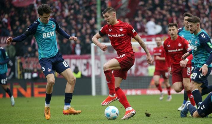 Denis Huseinbasic 8, FC Köln , Erik Wekesser 13, FC Kaiserslautern 22 12 2024, Football, 2 Bundesliga, 1 FC Kaiserslautern 1 FC Köln, 17 Matchday, Season 2024 25, Fritz Walter Stadion, Kaiserslautern, Germany, zmdz, DFB DFL regulations prohibit any use of photographs as image sequences and or quasi video 1 FC Kaiserslautern 1 FC Köln