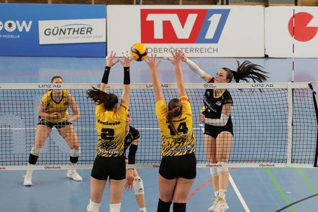 05 01 2025, Linz, AUT, On the road in Upper Austria, Oberbank Steelvolleys Linz Steg, VB NÖ Sokol Post, VB NOE Sokol Post, AVLW, AVL, Austrian Volleyball League Woman, Volleyball, Volleyball Woman, Volleyball League, SNMS Kleinmünchen, Linz, Upper Austria, Austria, in the picture Tijana Knezevic, Jasmin Haslinger, VB NÖ Sokol Post, Magdalena Schmolmüller, Magdalena Schmolmueller, Steelvolleys, Linz Steg,