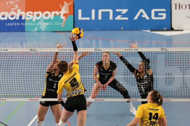 05 01 2025, Linz, AUT, On the road in Upper Austria, Oberbank Steelvolleys Linz Steg, VB NÖ Sokol Post, VB NOE Sokol Post, AVLW, AVL, Austrian Volleyball League Woman, Volleyball, Volleyball Woman, Volleyball League, SNMS Kleinmünchen, Linz, Upper Austria, Austria, in the picture Tijana Knezevic, VB NÖ Sokol Post, Carmen Raab, Steelvolleys, Linz Steg,
