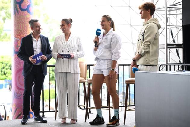 TENNIS AUSTRALIAN OPEN DRAW, (L-R) Todd Woodbridge, Jelena Dokic, Aryna Sabalenka of Belarus and Jannik Sinner of Italy speak during the draw for the 2025 Australian Open tennis tournament, at Melbourne Park, Melbourne, Thursday, January 09, 2025. ( NO ARCHIVING, EDITORIAL USE ONLY, NO USE IN BOOKS WITHOUT CONSENT Melbourne Victoria Australia Copyright: xJOELxCARRETTx 20250109199711938691