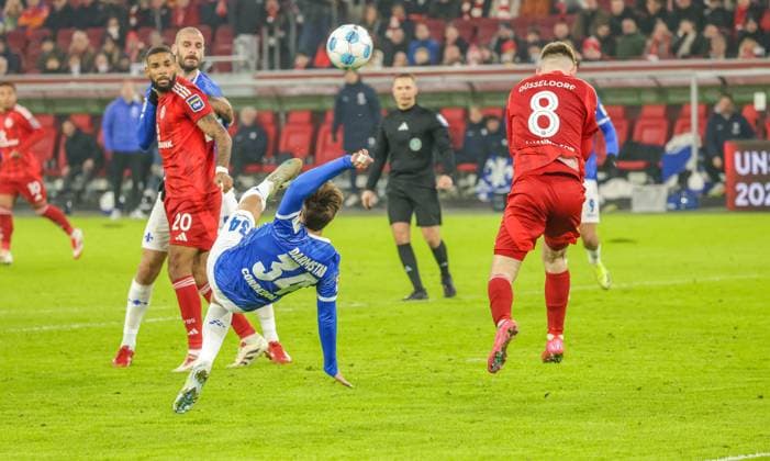 GER, Düsseldorf, Fortuna Düsseldorf vs SV Darmstadt 98, 2 Bundesliga, Football, DFB, Season 2024 2025, Merkur Spiel Arena, 18 Matchday, in the picture Kilian Corredor SV Darmstadt 98 34 DFB DFL REGULATIONS PROHIBIT ANY USE OF PHOTOGRAPHS AS IMAGE SEQUENCES AND OR QUASI VIDEO, 15 12 2024, Copyright: HMBxMedia HendrikxHamelau