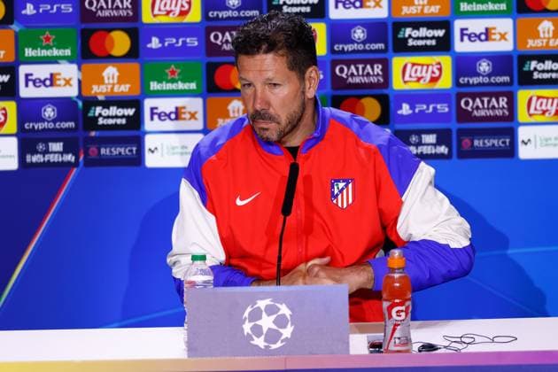 January 20, 2025, Madrid, Madrid, SPAIN: Diego Pablo Simeone, head coach of Atletico de Madrid, attends his press conference, PK, Pressekonferenz ahead of the UEFA Champions League, football match against Bayer 04 Leverkusen, at Riyadh Air Metropolitano on January 20, 2025, in Madrid, Spain. Madrid SPAIN - ZUMAa181 20250120_zaa_a181_050 Copyright: xDennisxAgyemanx