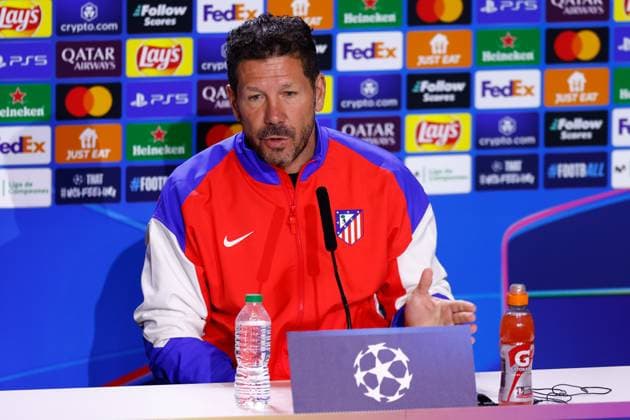 January 20, 2025, Madrid, Madrid, SPAIN: Diego Pablo Simeone, head coach of Atletico de Madrid, attends his press conference, PK, Pressekonferenz ahead of the UEFA Champions League, football match against Bayer 04 Leverkusen, at Riyadh Air Metropolitano on January 20, 2025, in Madrid, Spain. Madrid SPAIN - ZUMAa181 20250120_zaa_a181_054 Copyright: xDennisxAgyemanx