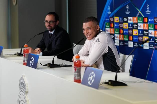 January 21, 2025, Valdebebas, Madrid, SPAIN: Kylian Mbappe attends his press conference, PK, Pressekonferenz during the training day of Real Madrid ahead the UEFA Champions League, football match against RB Salzburg at Ciudad Deportiva Real Madrid on January 21, 2025, in Valdebebas, Madrid, Spain. Valdebebas SPAIN - ZUMAa181 20250121_zaa_a181_035 Copyright: xOscarxJ.xBarrosox