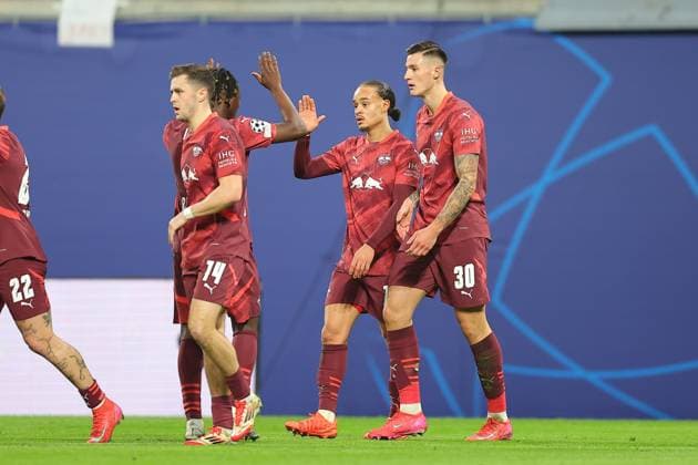 RB Leipzig Sporting Lisbon Champions League Leipzig, 22 01 2025, Red Bull Arena, Football, Men, Season 2024 2025, UEFA Champions League, Matchday 7 , RB Leipzig Sporting Lisbon , In the picture v l Goal for RB Leipzig, Goal celebration after the 1 0, Goal scorer Benjamin Sesko 30, RB Leipzig ,