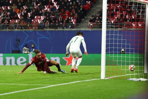 RB Leipzig Sporting Lisbon Champions League Leipzig, 22 01 2025, Red Bull Arena, Football, Men, Season 2024 2025, UEFA Champions League, Matchday 7 , RB Leipzig Sporting Lisbon , In the picture Goal for Leipzig, Yussuf Yurary Poulsen 9, RB Leipzig scores to 2 1 ,