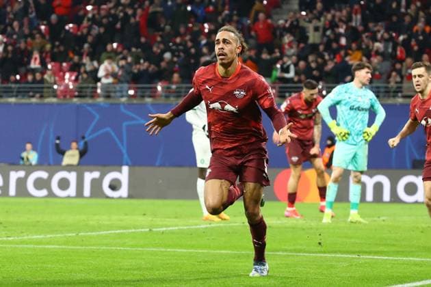 RB Leipzig Sporting Lisbon Champions League Leipzig, 22 01 2025, Red Bull Arena, Football, Men, Season 2024 2025, UEFA Champions League, Matchday 7 , RB Leipzig Sporting Lisbon , In the picture goal celebration after the 2 1, scorer Yussuf Yurary Poulsen 9, RB Leipzig ,