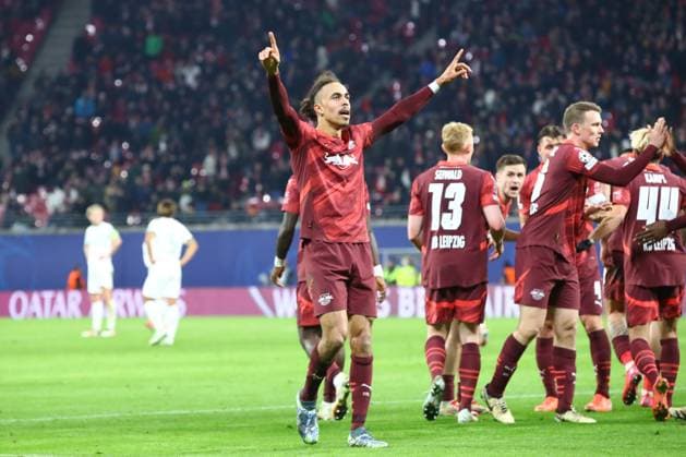RB Leipzig Sporting Lisbon Champions League Leipzig, 22 01 2025, Red Bull Arena, Football, Men, Season 2024 2025, UEFA Champions League, Matchday 7 , RB Leipzig Sporting Lisbon , In the picture goal celebration after the 2 1, scorer Yussuf Yurary Poulsen 9, RB Leipzig ,