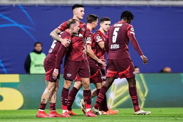 Goal celebration Goal scorer David Raum RB Leipzig,22 scores for 2 0, the goal is disallowed Here with from l Benjamin Sesko RB Leipzig,30 , Willi Orban RB Leipzig,4 , Christoph Baumgartner RB Leipzig,14 , El Chadaille Bitshiabu RB Leipzig,5 Champions League League Phase Season 2024 2025 RB Leipzig vs Sporting Lisbon at the Red Bull Arena in Leipzig Action,Football,Germany,Man,Men,22 01 2025