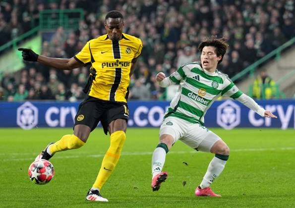 cel8 Celtic s Kyogo Furuhashi and Mohamed Ali Camara of BSC Young Boys during UEFA Champions League - Match Day 7 of 8 between Celtic FC and BSC Young Boys at Celtic Park, on 22nd January 2025 in Glasgow, Scotland. (Picture by Mark Runnacles) Celtic v Young Boys, UEFA Champions League, Group Stage, Football, Celtic Park, Glasgow, UK - 22 Jan 2025 EDITORIAL USE ONLY No use with unauthorised audio, video, data, fixture lists, club league logos or live services. Online in-match use limited to 120 images, no video emulation. No use in betting, games or single club league player publications. Copyright: xMarkxRunnacles Shutterstockx 15108894aj