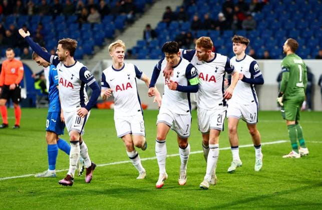 Son Heung-Min of Tottenham Hotspur celebrates scoring a goal after making the score 1-3. Hoffenheim v Tottenham Hotspur, UEFA Europa League, Group Stage, Football, PreZero Arena, Sinsheim, Germany - 23 Jan 2024 EDITORIAL USE ONLY No use with unauthorised audio, video, data, fixture lists, club league logos or live services. Online in-match use limited to 120 images, no video emulation. No use in betting, games or single club league player publications. Copyright: xJamesxMarsh Shutterstockx 15108921cj