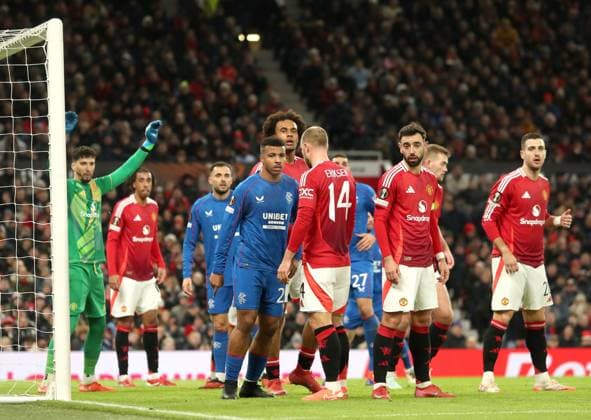 Hamza Igamane of Rangers waits on a corner kick during the Europa League group phase match at Old Trafford, Manchester. Manchester United, ManU v Rangers, UEFA Europa League, Group Stage, Football, Old Trafford, Manchester, UK - 23 Jan 2025 EDITORIAL USE ONLY No use with unauthorised audio, video, data, fixture lists, club league logos or live services. Online in-match use limited to 120 images, no video emulation. No use in betting, games or single club league player publications. Copyright: xRangersxFC Shutterstockx 15111693fl