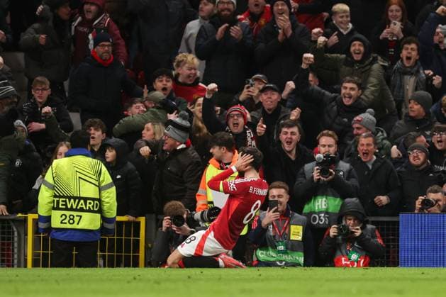 Bruno Fernandes of Manchester United, ManU celebrates scoring a goal for their side to make it 2-1 Manchester United v Rangers, UEFA Europa League, Group Stage, Football, Old Trafford, Manchester, UK - 23 Jan 2025 EDITORIAL USE ONLY No use with unauthorised audio, video, data, fixture lists, club league logos or live services. Online in-match use limited to 120 images, no video emulation. No use in betting, games or single club league player publications. Copyright: xPaulxCurrie Shutterstockx 15108899fi