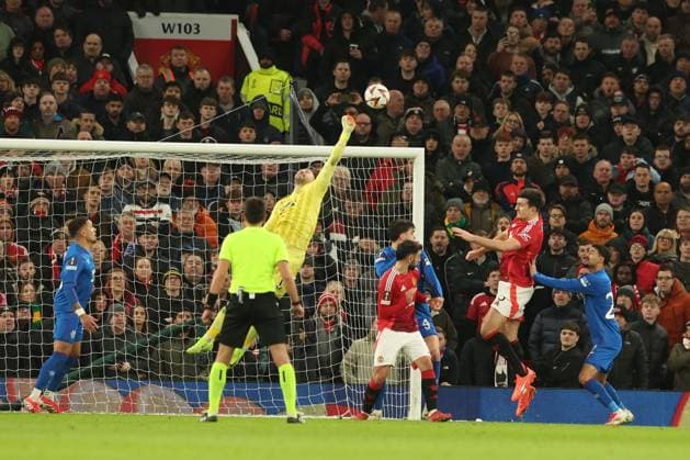 Rangers goalkeeper Jack Butland punches the ball during the Europa League group phase match at Old Trafford, Manchester. Manchester United, ManU v Rangers, UEFA Europa League, Group Stage, Football, Old Trafford, Manchester, UK - 23 Jan 2025 EDITORIAL USE ONLY No use with unauthorised audio, video, data, fixture lists, club league logos or live services. Online in-match use limited to 120 images, no video emulation. No use in betting, games or single club league player publications. Copyright: xRangersxFC Shutterstockx 15111693ib