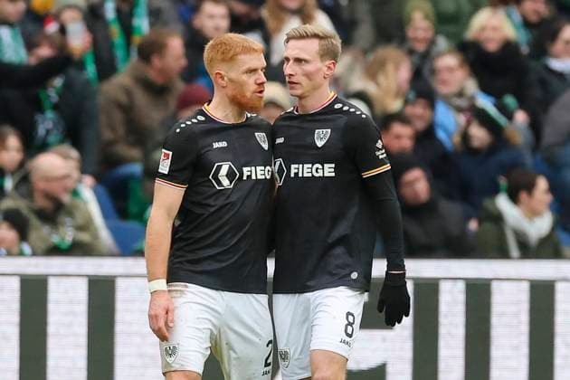 Joshua Mees SC Preussen Muenster celebrates his goal for 0 1 with Mikkel Kirkeskov SC Preussen Muenster , 2 Bundesliga, Hannover 96 vs Preußen Münster, Heinz von Heiden Arena, January 26, 2025 in Hanover, Germany Photo by Marco Steinbrenner DeFodi Images Joshua Mees SC Preussen Muenster celebrates after scoring his teams first goal with Mikkel Kirkeskov SC Preussen Muenster , 2 Bundesliga, Hannover 96 vs Preußen Münster, Heinz von Heiden Arena, January 26, 2025 in Hanover, Germany Photo by Marco Steinbrenner DeFodi Images DFB DFL REGULATIONS PROHIBIT ANY USE OF PHOTOGRAPHS AS IMAGE SEQUENCES AND OR QUASI VIDEO Defodi 700 hannover muenster 20250126 045 Defodi-700 DFB DFL REGULATIONS PROHIBIT ANY USE OF PHOTOGRAPHS AS IMAGE SEQUENCES AND OR QUASI-VIDEO.
