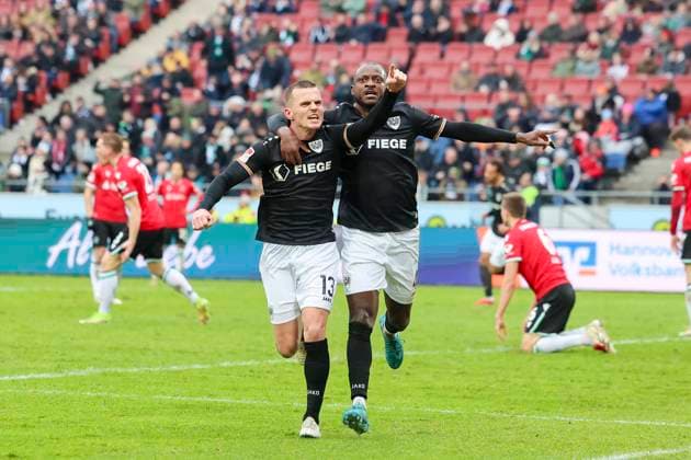 Florian Pick SC Preussen Muenster celebrates his teams second goal with David Kinsombi SC Preussen Muenster , 2 Bundesliga, Hannover 96 vs Preußen Münster, Heinz von Heiden Arena, January 26, 2025 in Hanover, Germany Photo by Marco Steinbrenner DeFodi Images Florian Pick SC Preussen Muenster celebrates after scoring his teams second goal with David Kinsombi SC Preussen Muenster , 2 Bundesliga, Hannover 96 vs Preußen Münster, Heinz von Heiden Arena, January 26, 2025 in Hanover, Germany Photo by Marco Steinbrenner DeFodi Images DFB DFL REGULATIONS PROHIBIT ANY USE OF PHOTOGRAPHS AS IMAGE SEQUENCES AND OR QUASI VIDEO Defodi 700 hannover muenster 20250126 078 Defodi-700 DFB DFL REGULATIONS PROHIBIT ANY USE OF PHOTOGRAPHS AS IMAGE SEQUENCES AND OR QUASI-VIDEO.