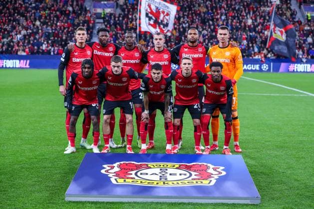 29 01 2025, Football, Bayer 04 Leverkusen AC Sparta Prague, UEFA Champions League, Matchday 8, BayArena, Season 2024 2025 Starting eleven Leverkusen Goalkeeper Matej Kovar Bayer04 Leverkusen 17 , Jonathan Tah Bayer04 Leverkusen 4 , Florian Wirtz Bayer04 Leverkusen 10 , Edmond Tapsoba Bayer04 Leverkusen 12 , Patrik Schick Bayer04 Leverkusen 14 , Nathan Tella Bayer04 Leverkusen 19 , Alejandro Grimaldo Bayer04 Leverkusen 20 , Nordi Mukiele Bayer04 Leverkusen 23 , Exequiel Palacios Bayer04 Leverkusen 25 , Jeremie Frimpong Bayer04 Leverkusen 30 , Granit Xhaka Bayer04 Leverkusen 34 , group picture team photo, team photo, starting team North Rhine-Westphalia Germany