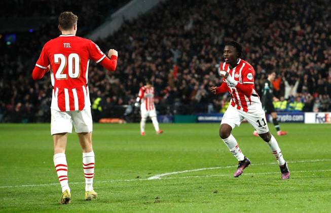 Johan Bakayoko of PSV Eindhoven celebrates scoring a goal to make the score 1-1 PSV Eindhoven v Liverpool, UEFA Champions League, Group Stage, Football, Philips Stadion, Eindhoven, Netherlands - 29 Jan 2025 EDITORIAL USE ONLY No use with unauthorised audio, video, data, fixture lists, club league logos or live services. Online in-match use limited to 120 images, no video emulation. No use in betting, games or single club league player publications. Copyright: xBartxStoutjesdijk Shutterstockx 15122172ae