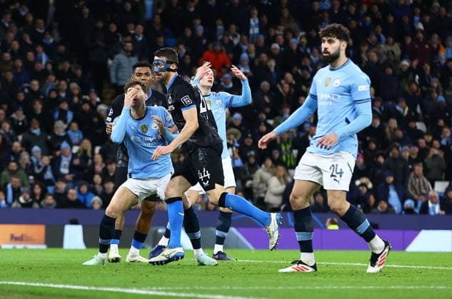 John Stones of Manchester City reacts after missing narrowly Manchester City v Club Brugge, UEFA Champions League, Group Stage, Football, Etihad Stadium, Manchester, UK - 29 Jan 2025 EDITORIAL USE ONLY No use with unauthorised audio, video, data, fixture lists, club league logos or live services. Online in-match use limited to 120 images, no video emulation. No use in betting, games or single club league player publications. Copyright: xShutterstockx 15123154am
