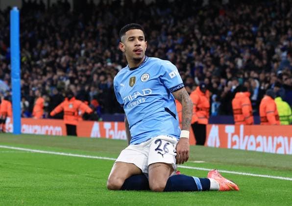 Savinho of Manchester City celebrates scoring a goal to make it 3-1 Manchester City v Club Brugge, UEFA Champions League, Group Stage, Football, Etihad Stadium, Manchester, UK - 29 Jan 2025 EDITORIAL USE ONLY No use with unauthorised audio, video, data, fixture lists, club league logos or live services. Online in-match use limited to 120 images, no video emulation. No use in betting, games or single club league player publications. Copyright: xMattxWest Shutterstockx 15122170at