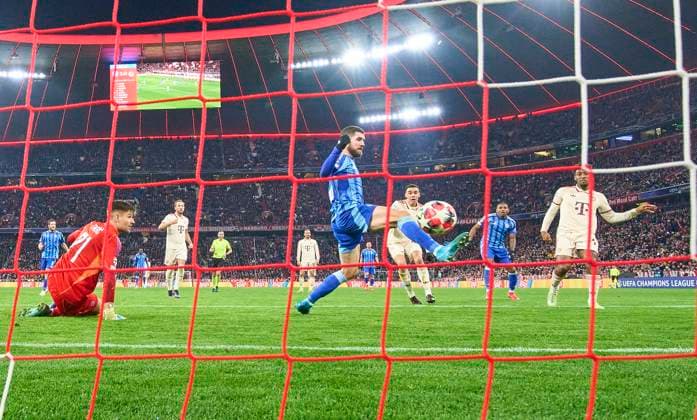 Kingsley Coman, FCB 11 scores, shoots goal , Tor, Treffer, Torschuss, 3-0 in the League Phase MD8 match FC BAYERN MUENCHEN - SK SLOVAN BRATISLAVA of football UEFA Champions League in season 2024 2025 in Munich, Jan 29, 2025 , FCB, 8.Spieltag, München