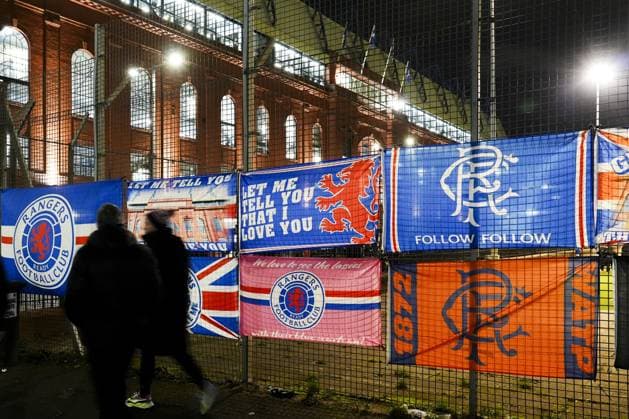 Flags for sale outside Ibrox Stadium Rangers v Union Saint-Gilloise, UEFA Europa League, Group Stage, Football, Ibrox Stadium, Glasgow, UK - 30 Jan 2025 EDITORIAL USE ONLY No use with unauthorised audio, video, data, fixture lists, club league logos or live services. Online in-match use limited to 120 images, no video emulation. No use in betting, games or single club league player publications. Copyright: xStuartxWallace Shutterstockx 15122181w