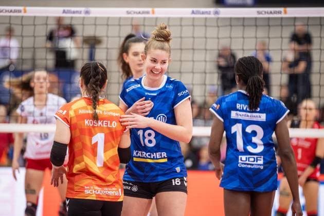 Pia Kaestner Allianz MTV Stuttgart, 18 Freude am Spiel GER, Allianz MTV Stuttgart Dresdner SC, Volleyball Bundesliga, VBL, Spielzeit 2024 2025, 30 01 2025 GER, Allianz MTV Stuttgart Dresdner SC, Volleyball Bundesliga, VBL, Spielzeit 2024 2025, 30 01 2025 Stuttgart Copyright: xSandyxDinkelackerx EP_SDR