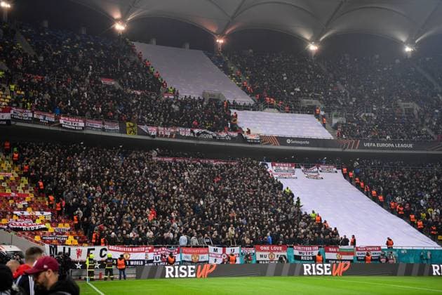 A general view of Manchester United, ManU fans in the stand FCSB v Manchester United, UEFA Europa League, Group Stage, Football, The National Arena, Bucharest, Romania - 30 Jan 2025 EDITORIAL USE ONLY No use with unauthorised audio, video, data, fixture lists, club league logos or live services. Online in-match use limited to 120 images, no video emulation. No use in betting, games or single club league player publications. Copyright: xAlexxNicodim Shutterstockx 15122176ag