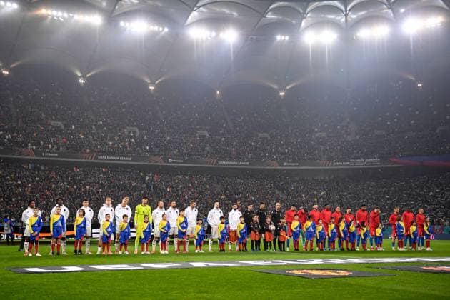 A general view as both FCSB and Manchester United, ManU players FCSB v Manchester United, UEFA Europa League, Group Stage, Football, The National Arena, Bucharest, Romania - 30 Jan 2025 EDITORIAL USE ONLY No use with unauthorised audio, video, data, fixture lists, club league logos or live services. Online in-match use limited to 120 images, no video emulation. No use in betting, games or single club league player publications. Copyright: xAlexxNicodim Shutterstockx 15122176af