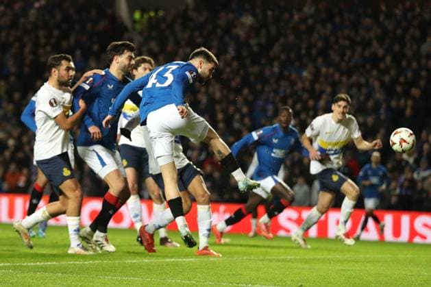 Nicolas Raskin of Rangers scores during the Europa League group phase match at Ibrox Stadium, Glasgow. Rangers v Union Saint-Gilloise, Europa League, Football, Ibrox Stadium, Glasgow, Scotland, UK - 30 Jan 2025 EDITORIAL USE ONLY No use with unauthorised audio, video, data, fixture lists, club league logos or live services. Online in-match use limited to 120 images, no video emulation. No use in betting, games or single club league player publications. Copyright: xO Rourke RangersxFC Shutterstockx 15126401m