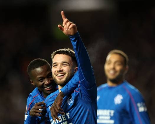 Nicolas Raskin of Rangers celebrates his goal with Mohamed Diomande during the Europa League group phase match at Ibrox Stadium, Glasgow. Rangers v Union Saint-Gilloise, Europa League, Football, Ibrox Stadium, Glasgow, Scotland, UK - 30 Jan 2025 EDITORIAL USE ONLY No use with unauthorised audio, video, data, fixture lists, club league logos or live services. Online in-match use limited to 120 images, no video emulation. No use in betting, games or single club league player publications. Copyright: xO Rourke RangersxFC Shutterstockx 15126401w