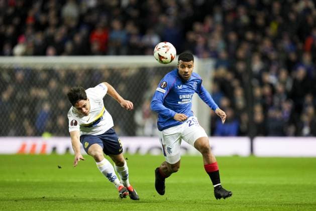 Hamza Igamane of Rangers flicks the ball over Kevin Mac Allister of Union Saint-Gilloise Rangers v Union Saint-Gilloise, UEFA Europa League, Group Stage, Football, Ibrox Stadium, Glasgow, UK - 30 Jan 2025 EDITORIAL USE ONLY No use with unauthorised audio, video, data, fixture lists, club league logos or live services. Online in-match use limited to 120 images, no video emulation. No use in betting, games or single club league player publications. Copyright: xStuartxWallace Shutterstockx 15122181bd