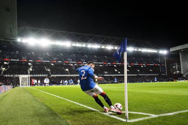 Rangers captain James Tavernier takes corner kick Rangers v Union Saint-Gilloise, UEFA Europa League, Group Stage, Football, Ibrox Stadium, Glasgow, UK - 30 Jan 2025 EDITORIAL USE ONLY No use with unauthorised audio, video, data, fixture lists, club league logos or live services. Online in-match use limited to 120 images, no video emulation. No use in betting, games or single club league player publications. Copyright: xStuartxWallace Shutterstockx 15122181bk
