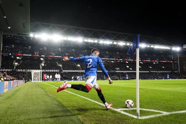Rangers captain James Tavernier takes corner kick with main stand in background Rangers v Union Saint-Gilloise, UEFA Europa League, Group Stage, Football, Ibrox Stadium, Glasgow, UK - 30 Jan 2025 EDITORIAL USE ONLY No use with unauthorised audio, video, data, fixture lists, club league logos or live services. Online in-match use limited to 120 images, no video emulation. No use in betting, games or single club league player publications. Copyright: xStuartxWallace Shutterstockx 15122181br