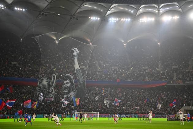 A general view of match action FCSB v Manchester United, ManU UEFA Europa League, Group Stage, Football, The National Arena, Bucharest, Romania - 30 Jan 2025 EDITORIAL USE ONLY No use with unauthorised audio, video, data, fixture lists, club league logos or live services. Online in-match use limited to 120 images, no video emulation. No use in betting, games or single club league player publications. Copyright: xAlexxNicodim Shutterstockx 15122176cn