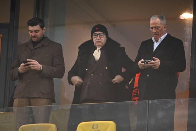 FCSB owner Gigi Becali (centre) watches from the stands FCSB v Manchester United, ManU UEFA Europa League, Group Stage, Football, The National Arena, Bucharest, Romania - 30 Jan 2025 EDITORIAL USE ONLY No use with unauthorised audio, video, data, fixture lists, club league logos or live services. Online in-match use limited to 120 images, no video emulation. No use in betting, games or single club league player publications. Copyright: xAlexxNicodim Shutterstockx 15122176cq