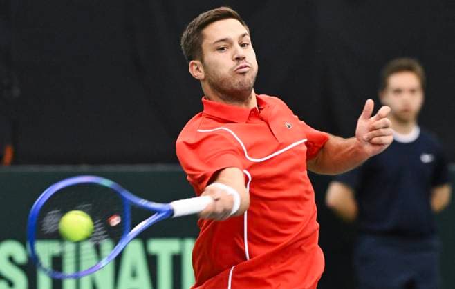 February 1, 2025, Montreal, Pq, Canada: Alexis Galarneau, of Canada, plays a shot to Fabian Marozsan, of Hungary, during their Davis Cup qualifying tennis match in Montreal on Saturday, February 1, 2025. Alexis Galarneau, Fabian Marozsan, - ZUMAc35_ 20250201_zaf_c35_017 Copyright: xGrahamxHughesx