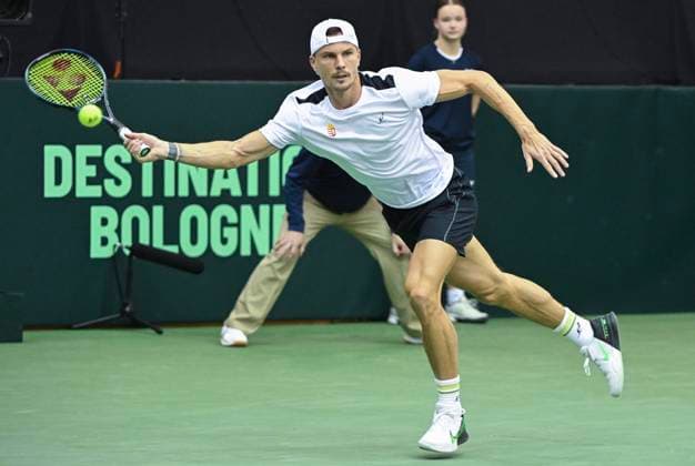 February 1, 2025, Montreal, Pq, Canada: Marton Fucsovics, of Hungary, plays a shot to Gabriel Diallo, of Canada, during their Davis Cup qualifying tennis match in Montreal on Saturday, February 1, 2025. Gabriel Diallo, Marton Fucsovics, - ZUMAc35_ 20250201_zaf_c35_097 Copyright: xGrahamxHughesx