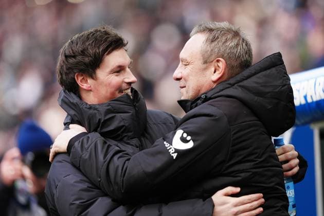 Merlin Polzin Hamburger SV, Coach and Andre Breitenreiter Hannover 96, Coach GER, Hamburger SV vs Hannover 96, Football, 2 Bundesliga, Matchday 20, Season 2024 2025, 02 02 2025 DFL REGULATIONS PROHIBIT ANY USE OF PHOTOGRAPHS AS IMAGE SEQUENCES AND OR QUASI VIDEO GER, Hamburger SV vs Hannover 96, Football, 2 Bundesliga, Matchday 20, Season 2024 2025, 02 02 2025 Hamburg Copyright: xEibner-Pressefoto MarcelxvonxFehrnx EP_MFN
