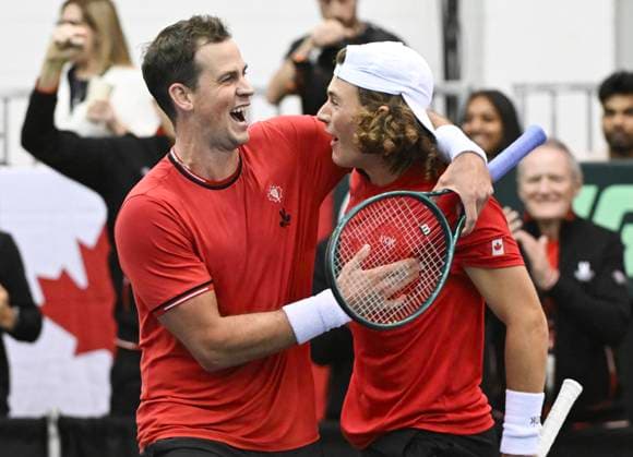 February 2, 2025, Montreal, Pq, Canada: Liam Draxl and Vasek Pospisil, of Canada, react during their Davis Cup qualifying tennis match against Peter Fajta and Mate Valkusz, of Hungary, in Montreal on Sunday, February 2, 2025. Liam Draxl, Vasek Pospisil, Peter Fajta, Mate Valkusz - ZUMAc35_ 20250202_zaf_c35_026 Copyright: xGrahamxHughesx