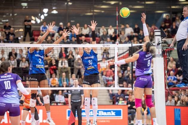Sabrina De Jesus Machado KS DevelopRes Rzeszow, 08 vs Breland Morrissette Allianz MTV Stuttgart, 02 and Maria Segura Pallares Allianz MTV Stuttgart, 33 GER, Allianz MTV Stuttgart vs KS DevelopRes Rzeszow, Volleyball, CEV Volleyball Champions League, Volleyball CL, VCL, final round, round of 16, 2024 2025 season, 06 02 2025 GER, Allianz MTV Stuttgart vs KS DevelopRes Rzeszow, Volleyball, CEV Volleyball Champions League, Volleyball CL, VCL, final round, round of 16, 2024 2025 season, 06 02 2025 Stuttgart Copyright: xSandyxDinkelackerx EP_SDR