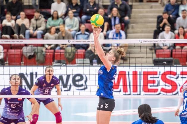 Pia Kaestner Allianz MTV Stuttgart, 18 GER, Allianz MTV Stuttgart vs KS DevelopRes Rzeszow, Volleyball, CEV Volleyball Champions League, Volleyball CL, VCL, Final round, Round of 16, 2024 2025 season, 06 02 2025 GER, Allianz MTV Stuttgart vs KS DevelopRes Rzeszow, Volleyball, CEV Volleyball Champions League, Volleyball CL, VCL, Final round, Round of 16, 2024 2025 season, 06 02 2025 Stuttgart Copyright: xSandyxDinkelackerx EP_SDR