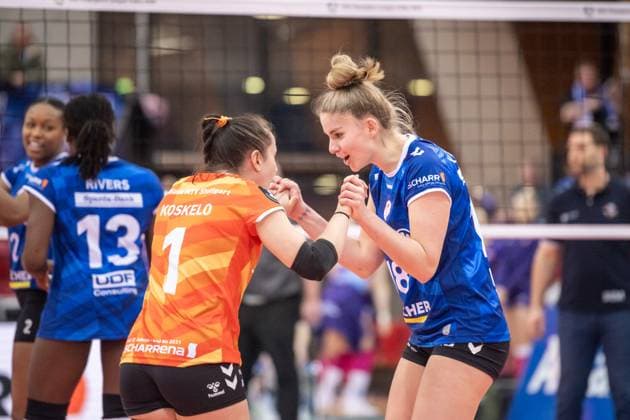 Pia Kaestner Allianz MTV Stuttgart, 18 is happy with Roosa Koskelo Allianz MTV Stuttgart, 01 GER, Allianz MTV Stuttgart vs KS DevelopRes Rzeszow, Volleyball, CEV Volleyball Champions League, Volleyball CL, VCL, Final round, round of 16, 2024 2025 season, 06 02 2025 GER, Allianz MTV Stuttgart vs KS DevelopRes Rzeszow, Volleyball, CEV Volleyball Champions League, Volleyball CL, VCL, Final round, round of 16, 2024 2025 season, 06 02 2025 Stuttgart Copyright: xSandyxDinkelackerx EP_SDR