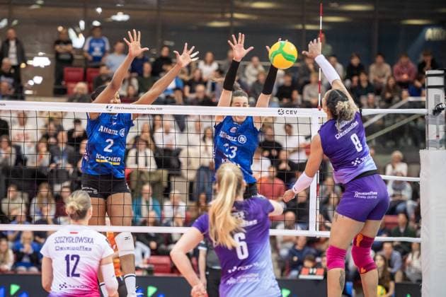 Sabrina De Jesus Machado KS DevelopRes Rzeszow, 08 vs Breland Morrissette Allianz MTV Stuttgart, 02 and Maria Segura Pallares Allianz MTV Stuttgart, 33 GER, Allianz MTV Stuttgart vs KS DevelopRes Rzeszow, Volleyball, CEV Volleyball Champions League, Volleyball CL, VCL, final round, round of 16, 2024 2025 season, 06 02 2025 GER, Allianz MTV Stuttgart vs KS DevelopRes Rzeszow, Volleyball, CEV Volleyball Champions League, Volleyball CL, VCL, final round, round of 16, 2024 2025 season, 06 02 2025 Stuttgart Copyright: xSandyxDinkelackerx EP_SDR